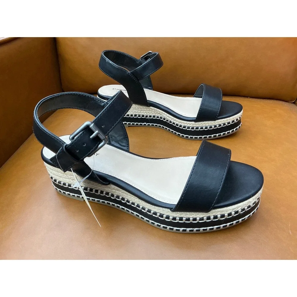 St. John's Bay Harold Platform Sandal Womens 7W Black New Espadrille Wedge